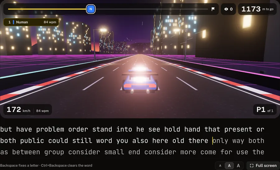 A practice race: a car on a neon highway at 172 km/h, with the words being typed below